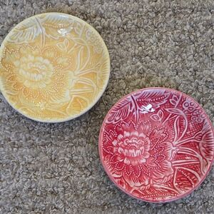 William Sonoma Two Embossed Floral Ceramic Yellow/Red Trinket Tray/Mini Plates